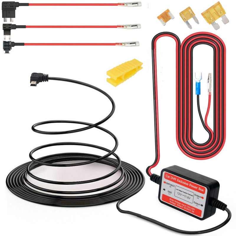 Gebildet Dash Cam Hardwire Kit Mini USB,10ft 12V-24V to 5V Low Voltage Protection ACN/ACS/ACU Add a Circuit Fuse Holders (Right Angle Mini USB+Fuse kit) - Image 1